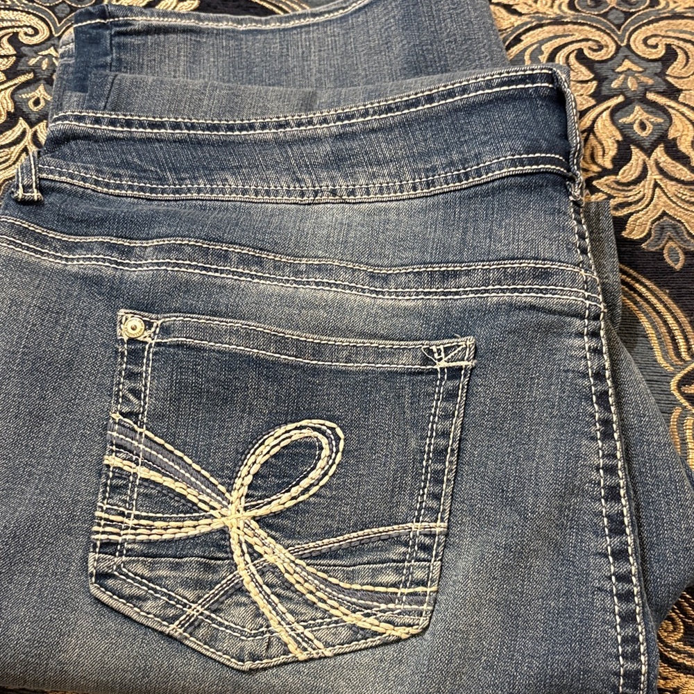 Wallflower Women's Denim Boot Cut Jeans in Blue with Contrast Stitching